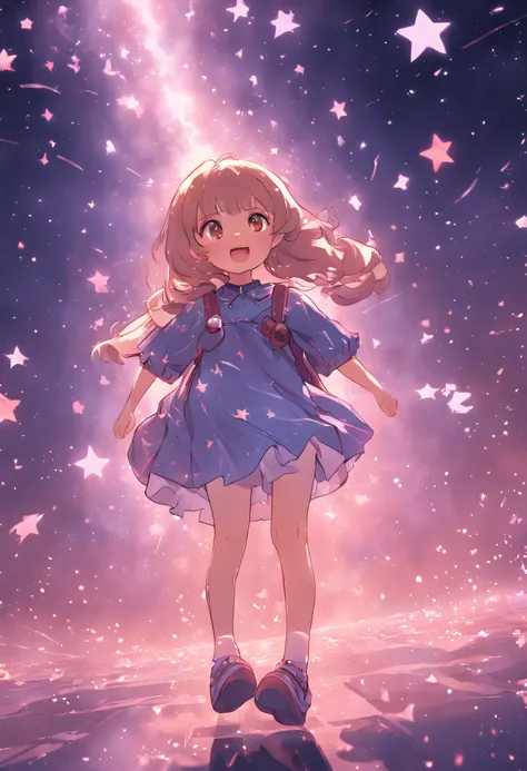 Stars shine，Colorful，Lolita style clothing，Cartoon small backpack，teens girl，Holding the bear cub，Clumsy jumps，Cute and cute，KIDS ILLUSTRATION，Glow effects，Dingdall effect，depth of fields，high light，Real light，Ray traching，oc rendered，Hyper-realistic，best ...