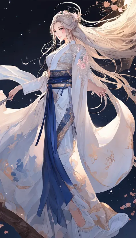 ((From below)), ((full bodyesbian)), ((Realistic)), (correct hand), (anatomy correct), nigth, Dark blue sky，starrysky, Beautiful goddess, Sexy goddess, Heroic, (Hanfu, One shoulder, Floral), Sword dance, (white colors, In pink), Long messy hair, long hair ...