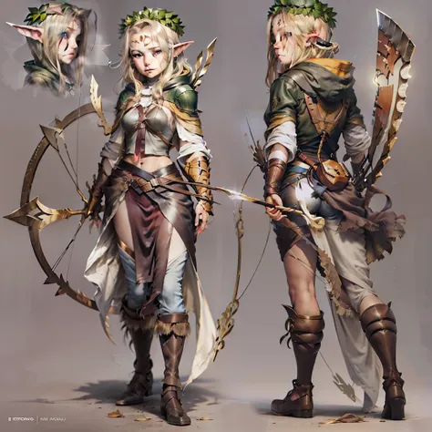 the elf, femele, forest backgrou, Ranger, Armed with a bow and arrow, The expression is serious, light brown hair, light brown hair, hair over one eye, hood, amber eyes, pointy ears, pointy ears, backlighting, reference sheet