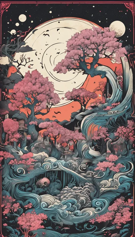 Yin & Yang perfect symbol, two parts in one art, double exposure, Yin & Yang divided vertically into 2 halves, left part of paper is day, fairies, right part of paper is night, creepy, complex asian landscape, best quality, glittering, Craola, Dan Mumford,...