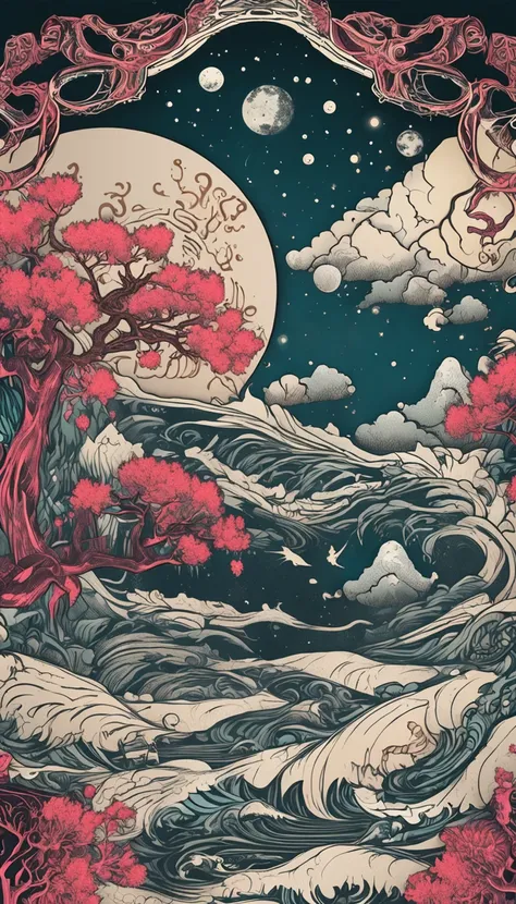 Yin & Yang perfect symbol, two parts in one art, double exposure, Yin & Yang divided vertically into 2 halves, left part of paper is day, fairies, right part of paper is night, creepy, complex asian landscape, best quality, glittering, Craola, Dan Mumford,...