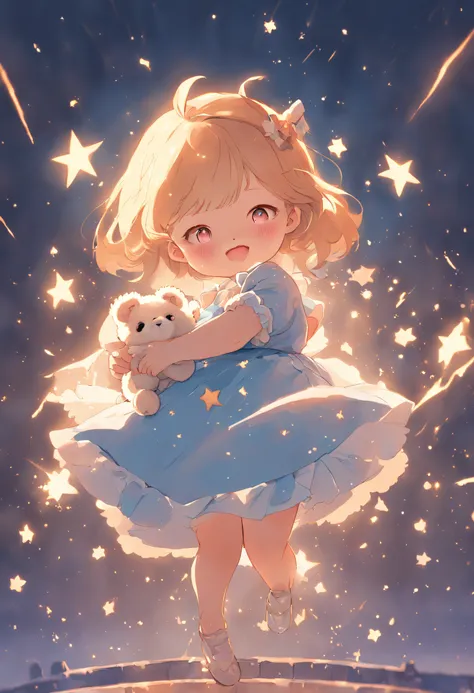 Stars shine，Colorful，Lolita style clothing，Cartoony，Chubby little girl，Holding a bear cub doll，Clumsy jumps，Cute and cute，KIDS ILLUSTRATION，Glow effects，Dingdall effect，depth of fields，high light，Real light，Ray traching，oc rendered，Hyper-realistic，best qua...