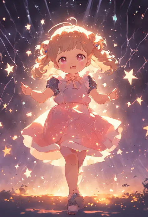 Stars shine，Colorful，Lolita style clothing，Cartoony，Chubby little girl，Holding a bear cub doll，Clumsy jumps，Cute and cute，KIDS ILLUSTRATION，Glow effects，Dingdall effect，depth of fields，high light，Real light，Ray traching，oc rendered，Hyper-realistic，best qua...