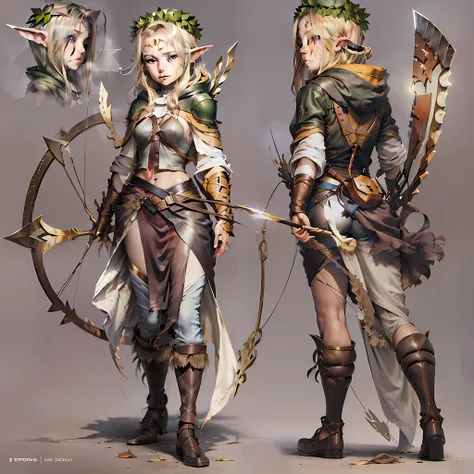 the elf, femele, forest backgrou, Ranger, Armed with a bow and arrow, The expression is serious, light brown hair, light brown hair, hair over one eye, hood, amber eyes, pointy ears, pointy ears, backlighting, reference sheet