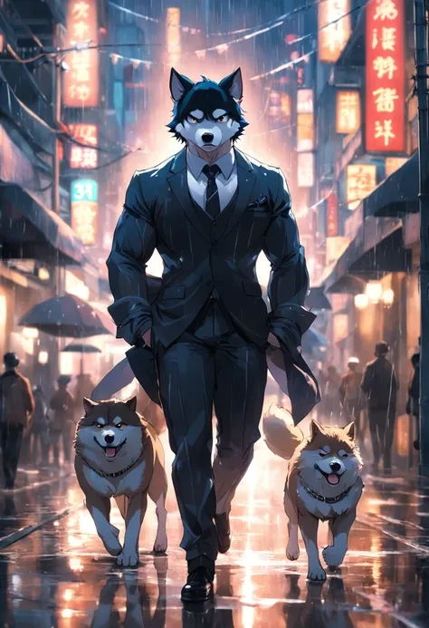 [(((Buffswoledoge)))):Buffswoledoge:8]Professional photos、show the grinps、Husky body、Cinematic dramatic light、Smooth transition、bokeh dof，The godfather walking in the rain，Suit mob-like temperament