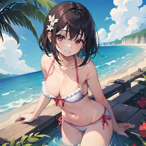 great masterpiece、Super delicate、1girl in、Swimwear only、Kamimei、cute little、a smile、Looks fun、A dark-haired、Hanging eyes、large full breasts、sand beach、to close range、proximity、Looking up at me、Mare、sea bathing、seductiv、Impatient、Poroli、hiding breast