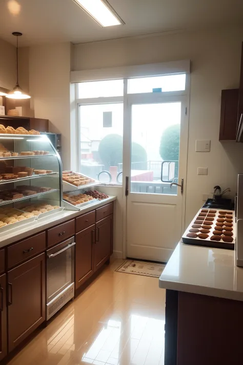 Inside a small pastry shop，The ingredients to be prepared to make chocolate chip cookies and cookies are placed in the window。