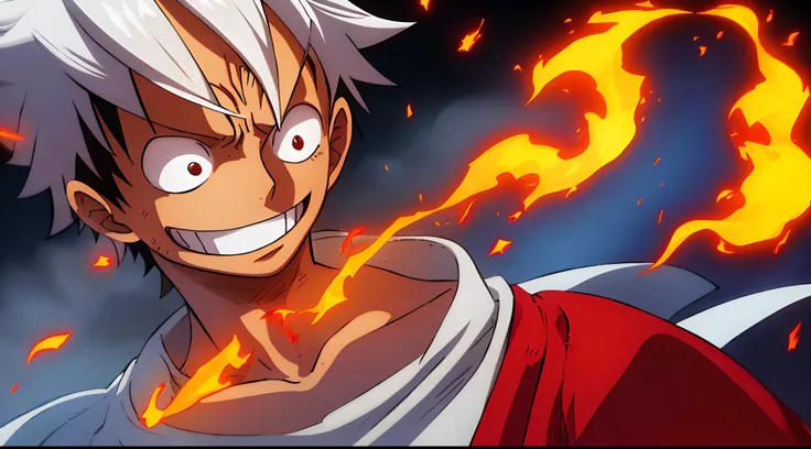 Design an attractive poster featuring Luffy from "One Piece" smiling and confident. Capture the essence of his burning determination and resilient spirit as he unleashes his wrath on his enemies. white hair like delicious fire burning, white fire,