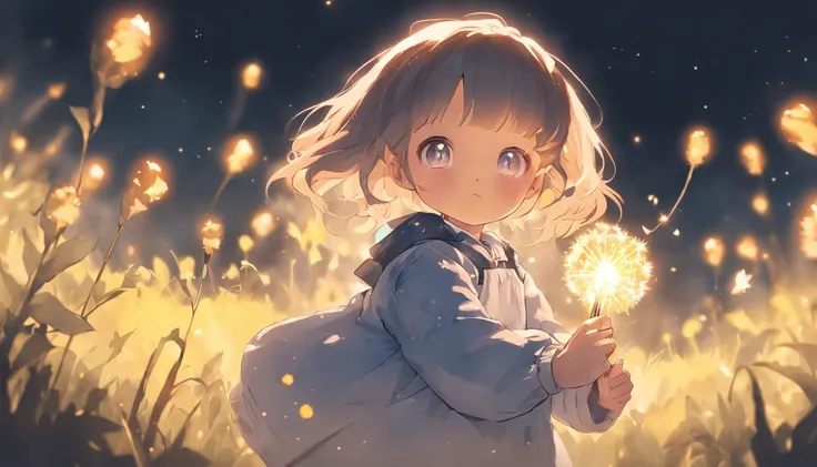 the night，Lolita style clothing，Cartoony，Chubby little girl，Holding a glowing dandelion，，Cute and cute，KIDS ILLUSTRATION，Glow effects，Dingdall effect，depth of fields，high light，Real light，Ray traching，oc rendered，Hyper-realistic，best qualtiy，8K，Works of ma...