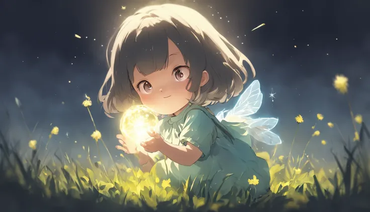 the night，Lolita style clothing，Cartoony，Chubby little girl，Holding a glowing dandelion，，Cute and cute，KIDS ILLUSTRATION，Glow effects，Dingdall effect，depth of fields，high light，Real light，Ray traching，oc rendered，Hyper-realistic，best qualtiy，8K，Works of ma...