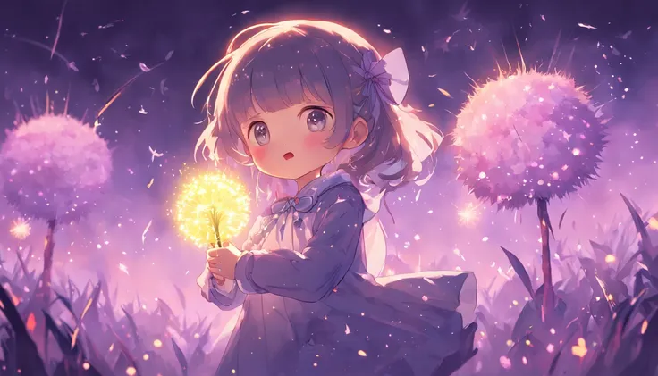 the night，Lolita style clothing，Cartoony，Chubby little girl，Holding a glowing dandelion，，Cute and cute，KIDS ILLUSTRATION，Glow effects，Dingdall effect，depth of fields，high light，Real light，Ray traching，oc rendered，Hyper-realistic，best qualtiy，8K，Works of ma...