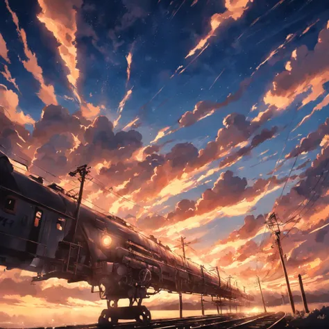 tmasterpiece，best qualtiy，cinematic Film still from，trains，​​clouds，Floating in the sky，Close-up view，brightly，cheerfulness，Warm and soft lighting，the sunset，（spark of light：0.7）