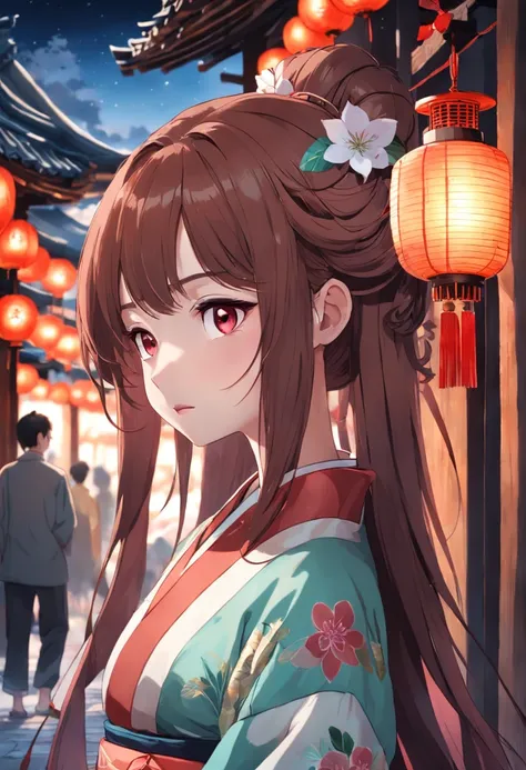 Masterpiece, Best quality, natta, full moon, Gorgeous clothes，Shy，good eyes，beautidful eyes，Red hair accessories，Tanabata，Tanabata Festival，Festive atmosphere，festivity，lamplight，the street，Ancient streets，Quaint，1 girl, Chinese style, Ancient China, siste...