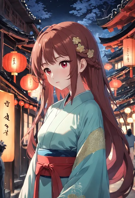 Masterpiece, Best quality, natta, full moon, Gorgeous clothes，Shy，good eyes，beautidful eyes，Red hair accessories，Tanabata，Tanabata Festival，Festive atmosphere，festivity，lamplight，the street，Ancient streets，Quaint，1 girl, Chinese style, Ancient China, siste...