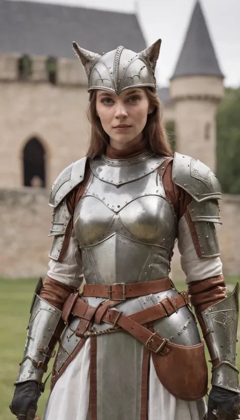 close-up, woman ((anthropomorphic,anthropomorphy, cat head, standing, knight, near a castle)), looking at viewer, wearing (cuirass, gorget, pauldron, couter, vambrace, gauntlets, cuisses, greaves, sabatons, poleyn, tasses, plackard, rerebrace, breastplace,...