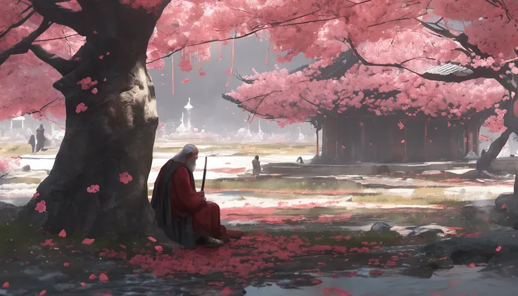 There is a man and a wise old monk sitting on the ground next to the cherry blossom., Ross Tran e Michael Whelan, Edgar Maxence e Ross Tran, wlop e ross tran, Ross Tran e Bayard Wu, James Gurney e Andreas Rocha, rob rey and kentarõ miura, Art not Guweiz st...