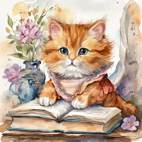 Picture a cat cozily nestled in a reading nook, engrossed in a tiny book, its expression one of sheer concentration. The artwork employs a cute and endearing style, depicting the cats adorable dedication to the literary world, perfect for cat and kitten lo...