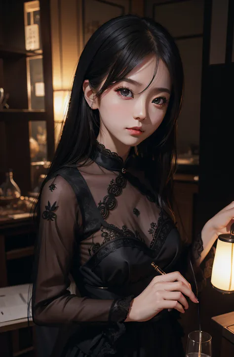 best qualtiy，tmasterpiece，超高分辨率，（真实感：1.4），RAW photogr，1girl，in the darkness nigth，deep shading，low tune，cold light，Charming eyes，Black lace outfit