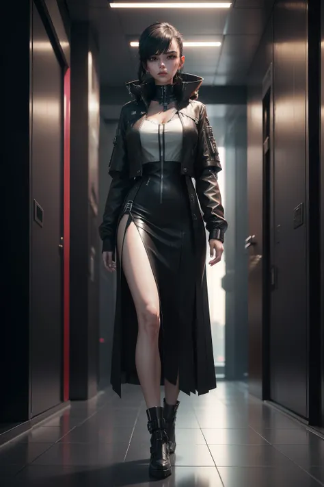 Wear a long white pleated dress，The skirt is long to the ankle，Woman in black mech jacket coat, realistically rendered clothing, dystopian scifi outfit, realistic dress, Highly detailed clothing, marvelous designer 3d rendered, multilayered outfit, feminin...