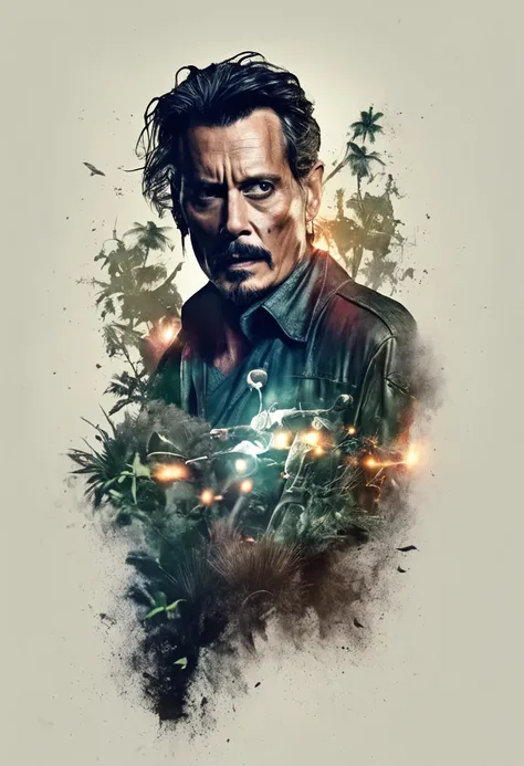 masterpiece, johnny depp walking through the jungle at night (night among fireflies), (high detail:1 1), rough face, natural skin, high quality, nsfw, beautiful eyes, (detailed face and eyes), (face: 1 2), noise, real photo, lamp film photography, sharp fo...