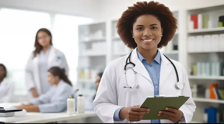 a afro woman in a lab coat holding a clipboard in front of a group of people, wearing lab coat and a blouse, wearing a white lab coat, healthcare worker, doctor, medical doctor, wearing a labcoat, (doctor), wearing a lab coat, wearing lab coat, with a lab ...