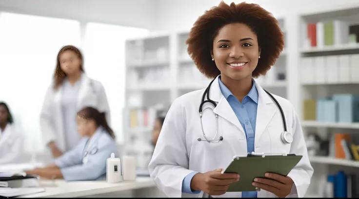 a afro woman in a lab coat holding a clipboard in front of a group of people, wearing lab coat and a blouse, wearing a white lab coat, healthcare worker, doctor, medical doctor, wearing a labcoat, (doctor), wearing a lab coat, wearing lab coat, with a lab ...