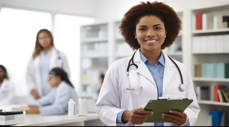 a afro woman in a lab coat holding a clipboard in front of a group of people, wearing lab coat and a blouse, wearing a white lab coat, healthcare worker, doctor, medical doctor, wearing a labcoat, (doctor), wearing a lab coat, wearing lab coat, with a lab ...