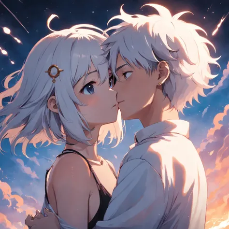 masterpiece, best quality, movie still, 1boy and 1 girl, cloud boy, floating in the sky, close-up, bright, happy, warm soft lighting, sunset, (sparks:0.7),He has pale skin and short, white hair with an undercut on the lower third of the back of his head, b...