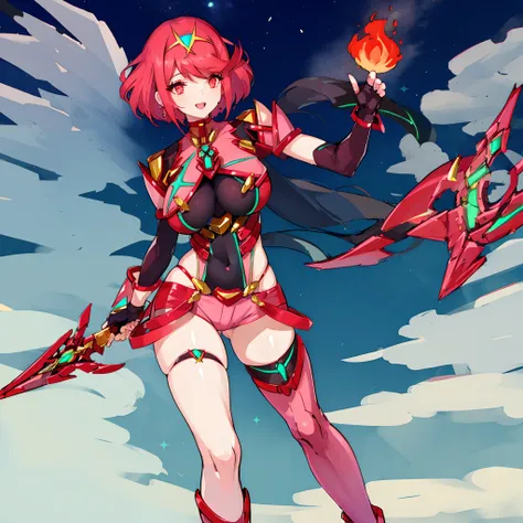 pyra (xenoblade), teen_1girl, loli, armor, bangs, black gloves, breasts, red eyes, closed mouth, earrings, eyelashes, fingerless gloves, floating hair, framed breasts, gem, gloves, hair ornament, headpiece, jewelry, big_breasts, leaning back, leotard, neon...