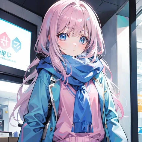 Gray-pink bangs，Blue-green pupils，Wear a silver-white jacket and pink sweater，Wearing a blue scarf，Its a cute girl