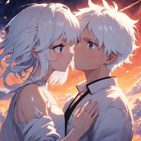 masterpiece, best quality, movie still, 1white hair boy and 1 white hair girl, cloud boy, floating in the sky, close-up, bright, happy, warm soft lighting, sunset, (sparks:0.7),He has pale skin and short, white hair with an undercut on the lower third of t...