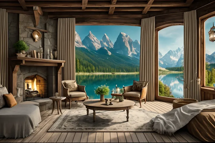 Living room with mountain views, Overlooking the lake, in the style of fantasy art, uhd image, Medieval times, Living interiors, Urban fairy tale, Tavern Live Scenes, dark white and amber