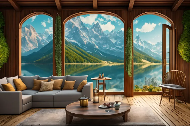 Living room with mountain views, Overlooking the lake, in the style of fantasy art, uhd image, Medieval times, Living interiors, Urban fairy tale, Tavern Live Scenes, dark white and amber