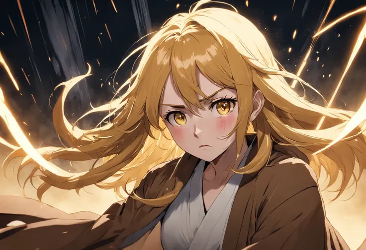 golden hair girl sad face Then she was a jedi master.
White shirt, brown coat, and she uses power. and she is fighting the darkness