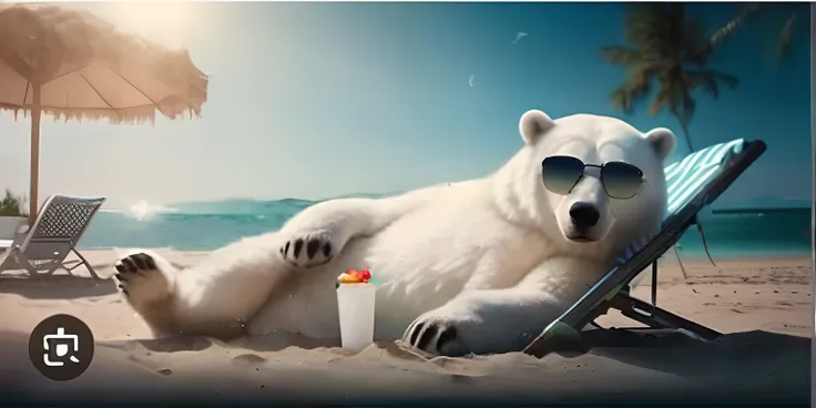 There is a polar bear that is sitting on a beach chair eating ice cream, ( bear wearing sunglasses, Resfriamento 4K, urso-polar, polar, chill summer, Arctic, relaxarar, Photo by Legal Marketing, relaxar, alternate album cover, bom gosto, its is relaxing on...