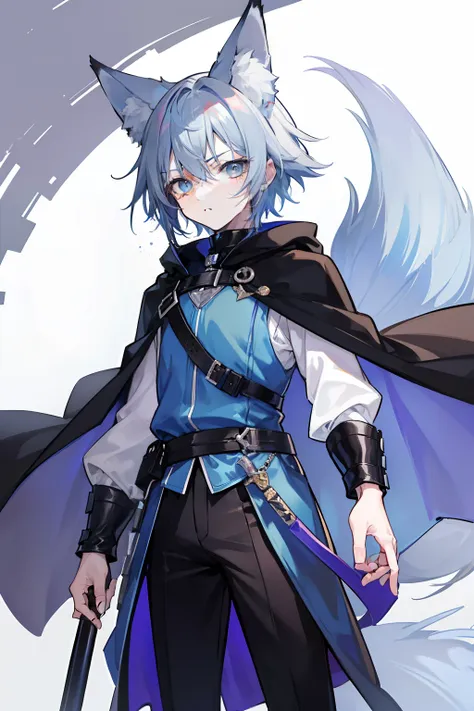 (masterpiece), best quality, expressive eyes, perfect face, 1boy, solo, (light shade hair, fox tail, blue grey hair, fox boy, fo...