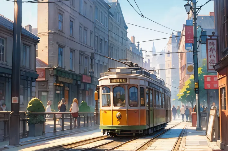 top-quality、Depicted in detail、tram、european townscape、watercolor paiting、