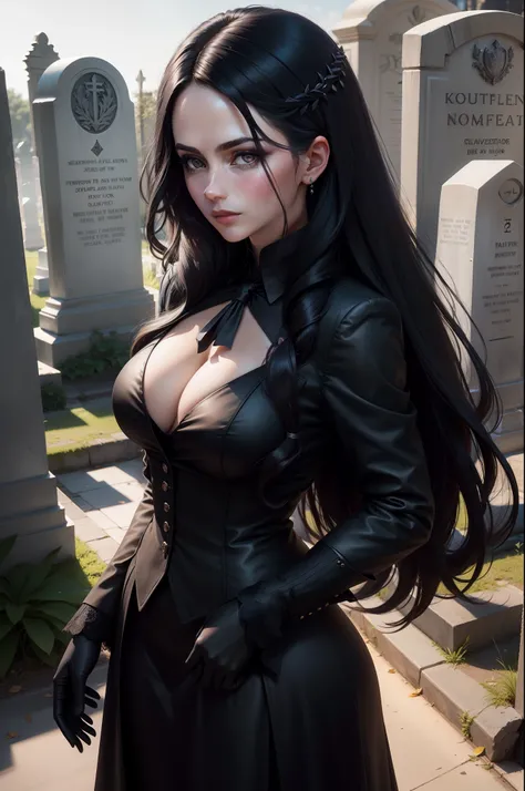 Beautiful woman reminiscent of Yennefer from The Witcher with long black hair and violet eyes bright as constellations, obra prima, ultra qualidade, 8k, cabelos caindo sobre seus ombros, in the background a cemetery, Shes wearing a black suit and tie.