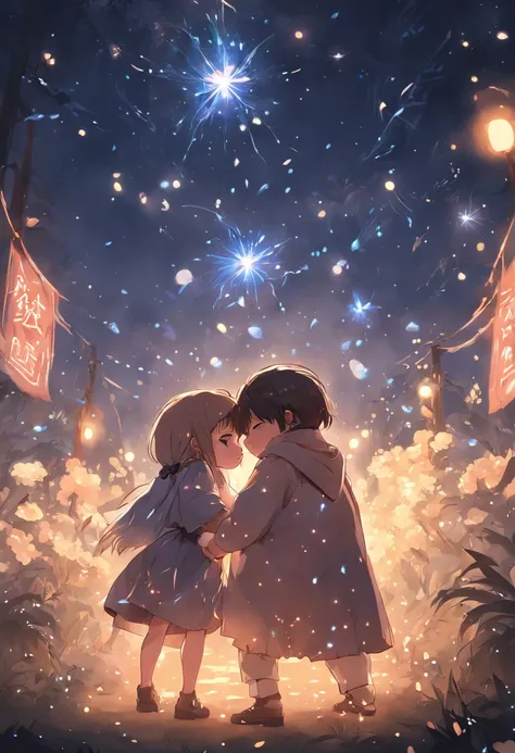 the night，Lolita style clothing，Cartoony，Chubby little girl and little boy hugging each other，Glowing fireflies around，，Cute and cute，KIDS ILLUSTRATION，Glow effects，Dingdall effect，depth of fields，high light，Real light，Ray traching，oc rendered，Hyper-realis...