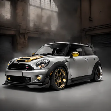 Generate an ultra-high definition 8k image capturing a view of dark grey Mini Cooper S. remove yellow door mirror, wide body kit. aero bodykit. yasid design. epic stance, gold mag wheels. aggressive stance ((background: inside old industrial style building...