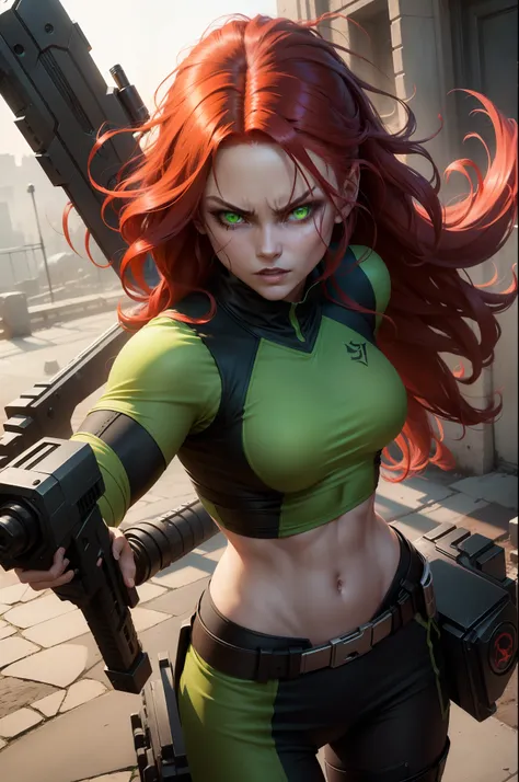 (short athletic human female demon hunter with fierce green eyes, striking long red hair, equipped with dual guns)