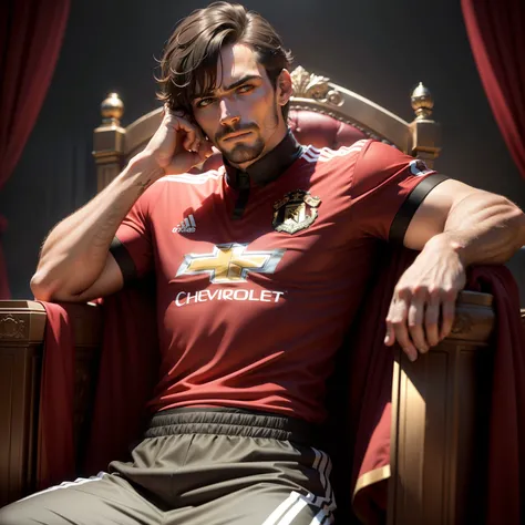 "A man, donning a Manchester United jersey, confidently sits upon a regal throne with his face partially concealed beneath a stylish fringe."