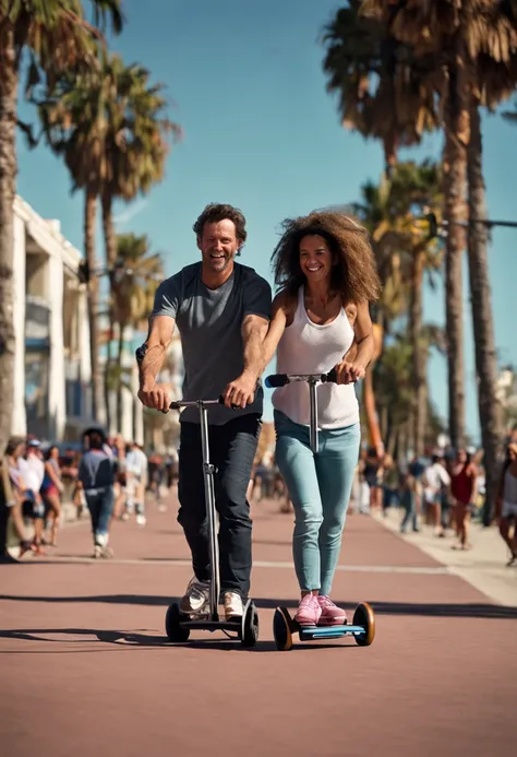 Una pareja, Attractive 30-year-old woman riding skates, An attractive 40-year-old man, montando patines, parque dia soleado