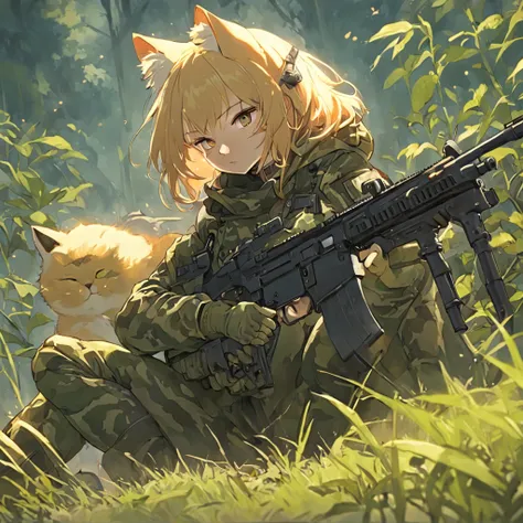 ((cat head, catmen, catgirl, solo, masterpiece, ukraine soldier, ukrainian flag, best quality, (boots) camouflage)) full body, shirt, weapon, gun, steppe location, photorealistic, takes aim, aiming, profile,