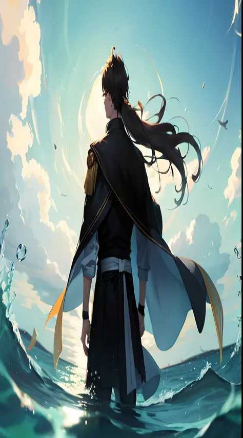 Anime characters standing in the ocean，She has long flowing hair, Makoto Shinkai Cyril Rolando, Flowing cape, by Yang J, Anime art wallpaper 8 K, Artgerm and Atey Ghailan, 4k manga wallpapers, Anime art wallpaper 4k, Anime art wallpaper 4 K, flowing hair a...