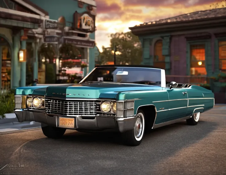 best quality, cadillac deville 1970 intricately detailed,  volumetric lighting