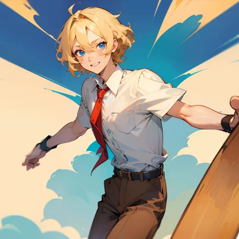 superfine illustration,Animated,1boy,Guy,man,Mans,Short hair,Curly hair,Parted bangs,hair between eye,Blonde hair,Short sleeve,half-pants,Brown pants,Smile,The upper part of the body_tusk,Blue eyes,White skin,White shirt,Red tie,Two back teeth,hitornfreckl...