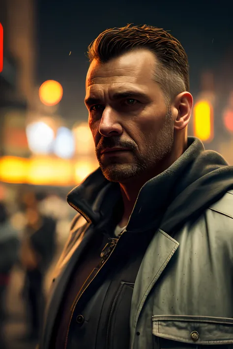 masterpiece, high detail, trending on artstation, realistic, detailed face, overall, a photo of a cyberpunk private detective, old man, dark hair, dirty, drone, Blade Runner city, neo lights, dark, rain, night, RAW, canon r6, wide shot, sharp, blurry backg...