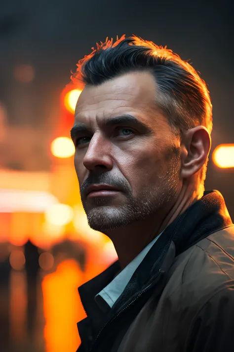 masterpiece, high detail, trending on artstation, realistic, detailed face, overall, a photo of a cyberpunk private detective, old man, dark hair, dirty, drone, Blade Runner city, neo lights, dark, rain, night, RAW, canon r6, wide shot, sharp, blurry backg...