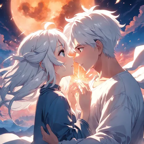 masterpiece, best quality, movie still, 1white hair boy and 1 white hair girl,cute romantic couple, cloud boy, floating in the sky, close-up, bright, happy, warm soft lighting, sunset, (sparks:0.7),white hair romantic couple,hand to hand,kiss